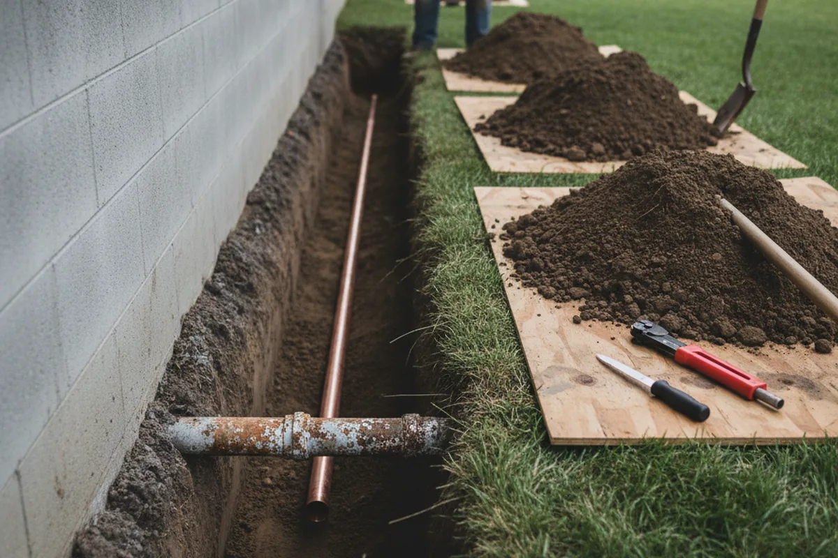 Excavated water line trench during Sewer Line Repair in Elwin